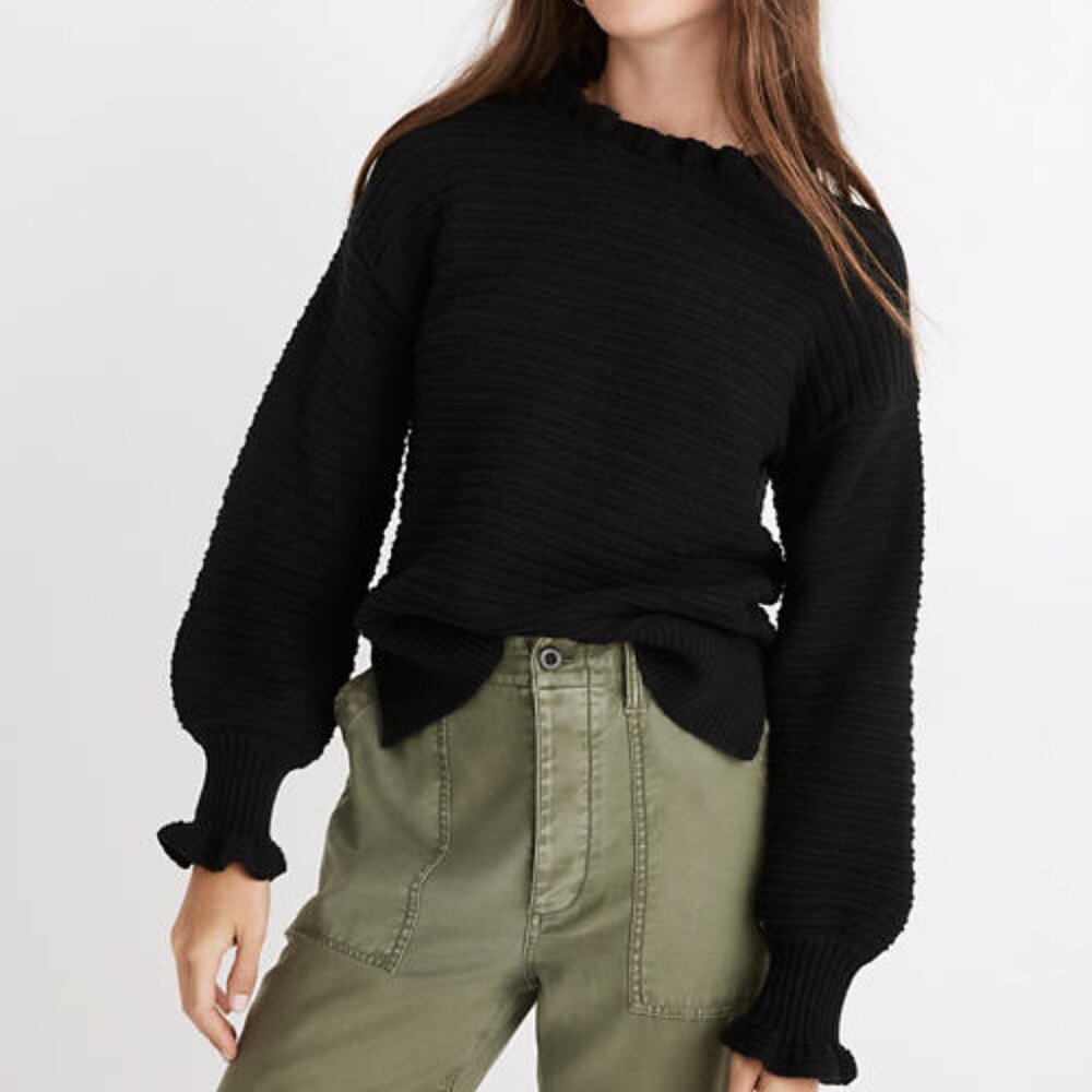 Madewell - Ruffle-Neck Pullover Sweater in Cotton-Merino Yarn (Black)